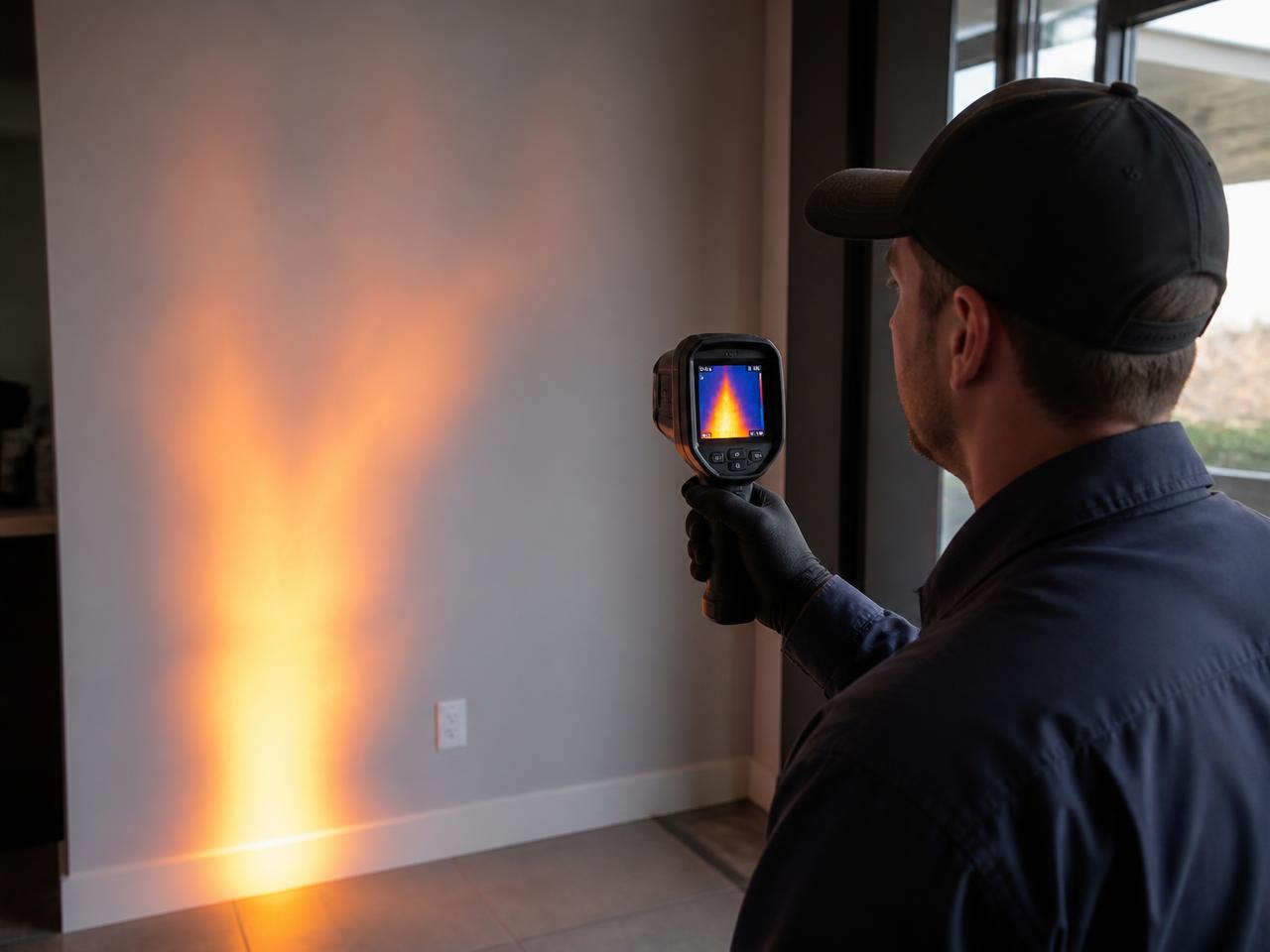 Thermal imaging camera detecting a hidden water leak heat plume behind an interior wall in San Diego