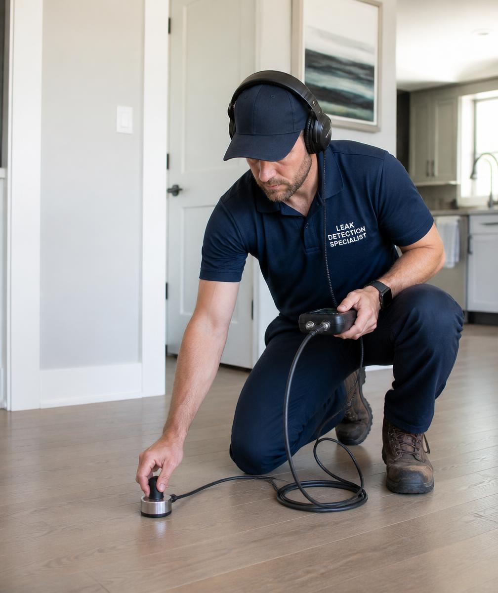 Leak detection specialist wearing headphones tracking sub-surface pipe sounds with a ground microphone in a San Diego home