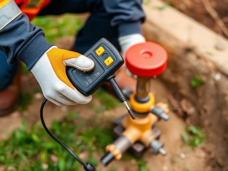 Technician using a combustible gas detector on an underground gas line junction