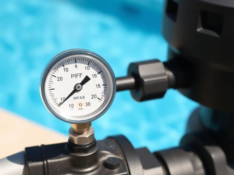 Pressure test gauge attached to a swimming pool pump line during pool leak detection