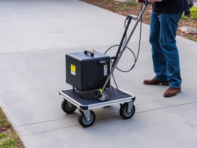Ground penetrating radar cart mapping underground utilities across a concrete driveway