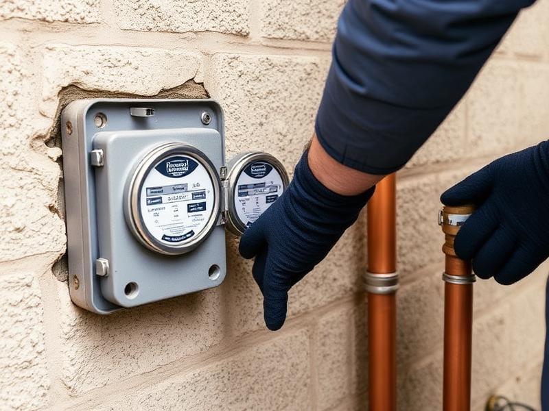 Technician inspecting a residential water meter and copper supply line for a hidden water leak